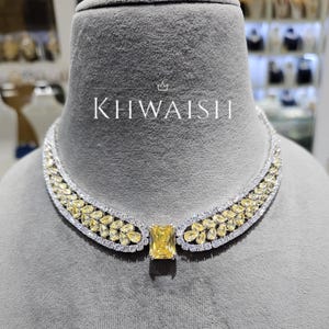 Yellow Canary Diamond Stones Silver Cz Statement Choker Necklace set and earrings, Diamond jewelry, Yellow Diamond necklace,Cz jewelry