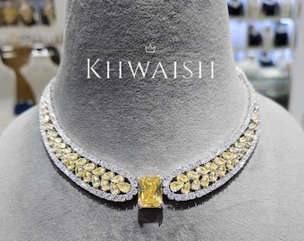 Yellow Canary Diamond Stones Silver Cz Statement Choker Necklace set and earrings, Diamond jewelry, Yellow Diamond necklace,Cz jewelry