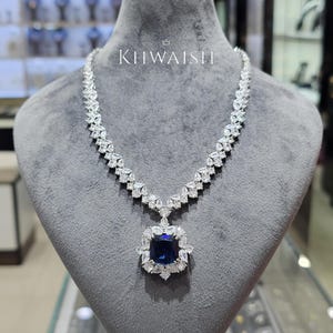 Elegante conjunto de collar con colgante y pendientes de plata con zafiro azul talla cojín y circonitas cúbicas, joyería de diamantes, collar de diamantes azules