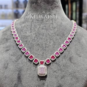 Classy Ruby Red and Pink Radiant Cut Diamond Cz Silver Stones Statement Pendant Choker String Necklace set and earrings, Diamond jewelry