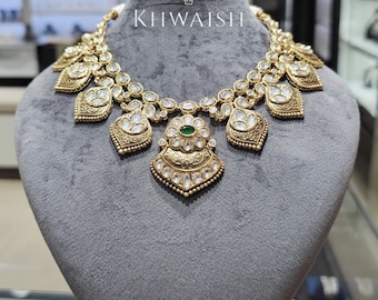 Kundan Polki Choker Necklace & Earrings, Emerald Green, Indian Jewelry