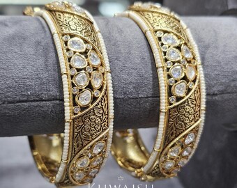 Kundan Polki Silver Bangles, Pearls, Antique Gold Indian Bracelet