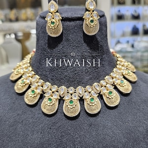 Emerald Antique Gold Kundan Polki Silver Choker Necklace & earrings Set,Polki jewelry,Kundan necklace,Indian jewelry,Sabyasachi jewelry