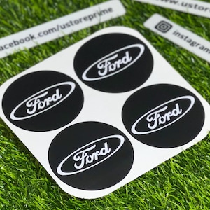4x Ford Alloy Wheel Center Cap Logo Decal Set – Black Base with White Logo – 9 Size Options | Badge, Emblem, Stripes