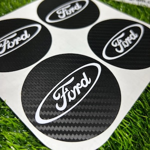 4x Ford Alloy Wheel Center Cap Logo Decal Set – Black Carbon Base with White Logo – Available in 9 Sizes | Badge, Emblem, Stripes