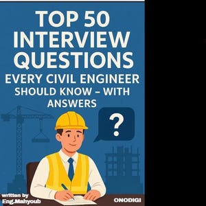 Pode incluir: Capa de livro com o título "TOP 50 INTERVIEW QUESTIONS" e o subtítulo "EVERY CIVIL ENGINEER SHOULD KNOW - WITH ANSWERS." A imagem apresenta um engenheiro civil com capacete e colete amarelos. Um ponto de interrogação está numa bolha.