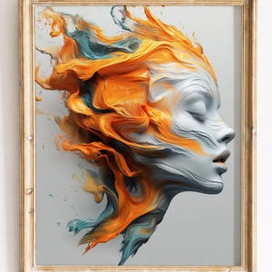 Abstract Liquid Paint Face Art, Orange and Teal Fluid Portrait Poster, Contemporary Woman Profile Print, Dynamic Wall Decor
