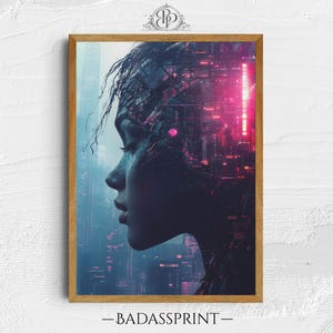 Cyberpunk Double Exposure Wall Art, Futuristic Female Silhouette Print, Sci-Fi Cityscape Poster, Neon Pink Tech Decor, Instant Download