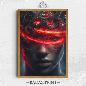 Può includere: Una stampa artistica da parete rettangolare in una cornice di legno con un'illustrazione digitale di un volto parzialmente oscurato da bande luminose rosse orizzontali e un copricapo metallico scuro e intricato. Testo BADASSPRINT in basso.