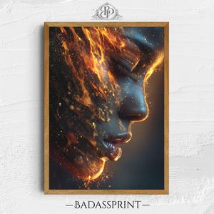 Celestial Fire Portrait Wall Art, Ethereal Gold Woman Print, Cosmic Fantasy Face Digital Download, Mystical Decor