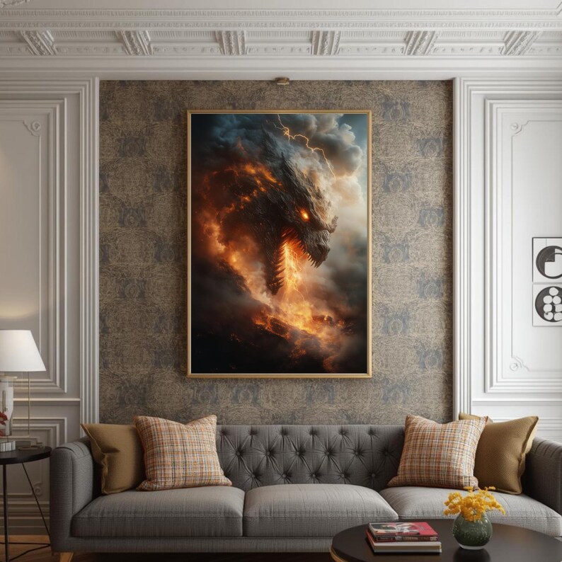 Fire Dragon Wall Art, Volcanic Fantasy Beast Print, Lava Monster ...