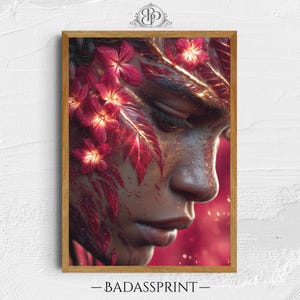 Surreal Floral Woman Portrait Printable Wall Art, Red Botanical Digital Download, Fantasy Feminine Decor