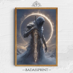 May include: Framed art print featuring a cloaked figure holding a glowing sword, set against a backdrop of a glowing ring and mountainous terrain. The artwork has a fantasy theme, with the text "-BADASSPRINT-" at the bottom.