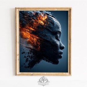 Peut inclure: Impression d'art encadrée représentant le profil d'un visage humain dans un style futuriste et fragmenté. L'œuvre d'art utilise des couleurs bleu foncé et orange flamboyant. Le bas de l'impression affiche le logo "BADASSPRINT".