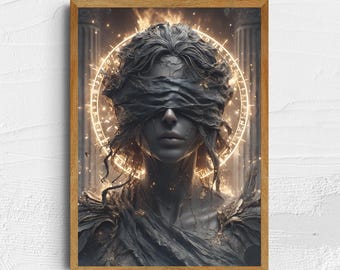 Blindfolded Goddess Wall Art Printable, Ethereal Priestess Print, Celestial Dark Fantasy Portrait, Digital Download