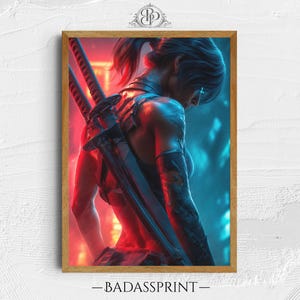 Cyberpunk Samurai Wall Art, Futuristic Warrior Female Digital Print, Neo-Tokyo Rain Poster, Bionic Katana Decor, Instant Download