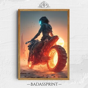 Cyberpunk Rider Wall Art Printable, Futuristic Motorcycle Poster, Neon Desert Sci-Fi Decor, Digital Download