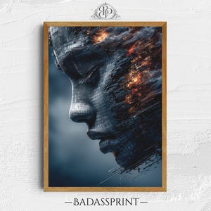 Può includere: Una stampa artistica digitale incorniciata raffigurante un profilo di un volto umano composto da codice binario. L'opera d'arte ha una combinazione di colori blu scuro e arancione, con il testo "-BADASSPRINT-" in basso.
