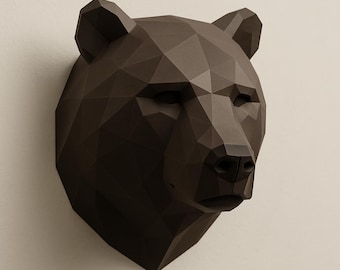 Decoración de pared con cabeza de oso, arte geométrico de oso para pared, escultura de cabeza de animal de baja poli, decoración moderna rústica para cabaña, adorno de pared de oso negro