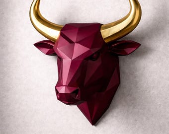 Burgundy Bull Head Wall Decor – Geometric Bull Sculpture with Gold Horns