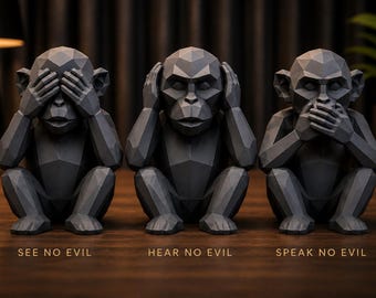 Three Wise Monkeys Low Poly Figurine Set – See No Evil, Hear No Evil, Speak No Evil – Modern 3D Printed Home Decor