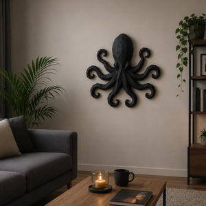 May include: A black, geometric, low-poly wall sculpture of an octopus with eight curled tentacles. The piece features a faceted, angular surface design and is mounted centrally on a plain, light-colored wall above a wooden coffee table.
