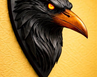 Fiery Raven Head Wall Mount – 3D Printed Gothic Crow Sculpture, Dark Decor