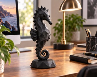 Low Poly Seahorse Desk Decor – Black 3D Printed Sculpture