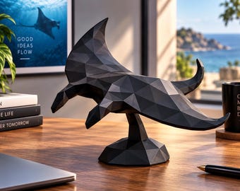 Low Poly Manta Ray Desk Decor – Black 3D Printed Sculpture