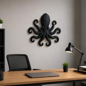 May include: A matte black wall-mounted octopus sculpture featuring a geometric, faceted design. The octopus has a central head and eight curved, segmented tentacles extending outward in a symmetrical arrangement, mounted on a plain wall.