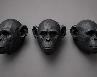 Black Low Poly Chimpanzee Wall Sculpture – 3D Printed Animal Head Decor