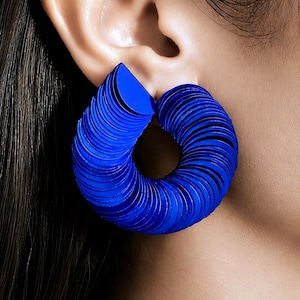 Bold Blue Dangle Earrings, Chunky Spiral Design, Sculptural Statement Jewelry, Modern Gift for Her