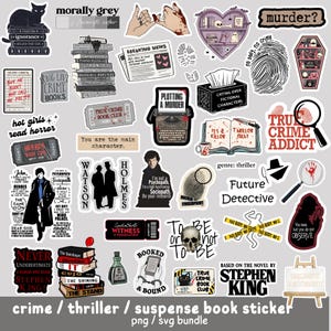 May include: A selection of crime and thriller stickers featuring books, a typewriter, a skull, a fingerprint, a magnifying glass, and phrases such as "Plotting a Murder" and "True Crime Addict."
