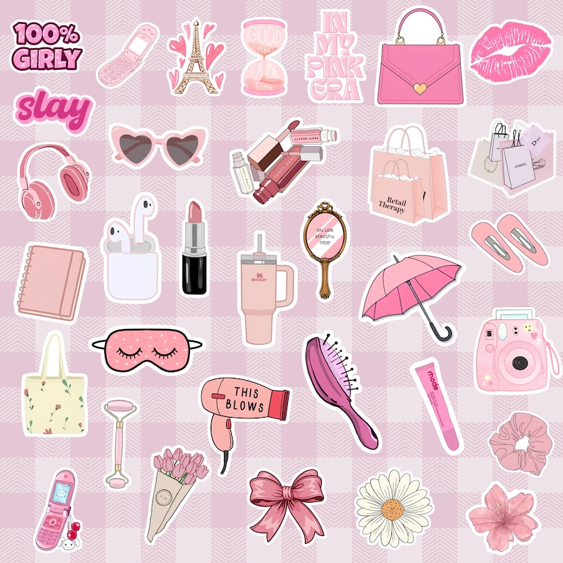 Pink Y2K Sticker Bundle | Girly Pop, Coquette, Baddie Digital Stickers (60+ PNG) image 3