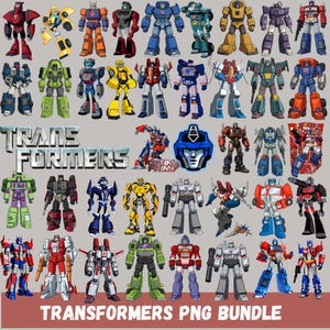 Puede incluir: Una colección de personajes de Transformers coloridos en varias poses. La imagen incluye el logotipo de Transformers y el texto "TRANSFORMERS PNG BUNDLE" en la parte inferior. Los robots son de color rojo, azul, amarillo, verde y gris.
