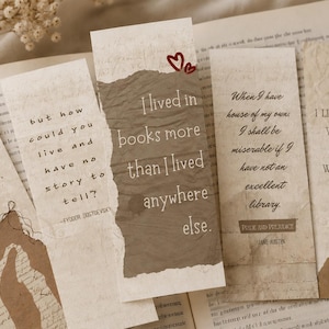 May include: Five rectangular paper bookmarks with vintage-style cream and brown backgrounds. Each bookmark features printed literary quotes, including text from Fyodor Dostoevsky, Jane Austen, and Henry Thoreau, accented with small red heart illustrations.