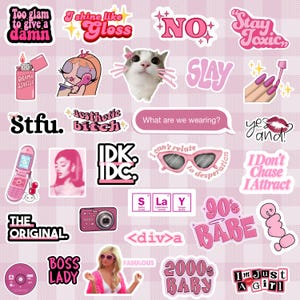 May include: A collection of pink and black stickers featuring various designs including a cat, a flip phone, sunglasses, a digital camera, a CD, and text phrases like Too glam to give a damn, Stay Toxic, Slay, What are we wearing, and 2000s baby.