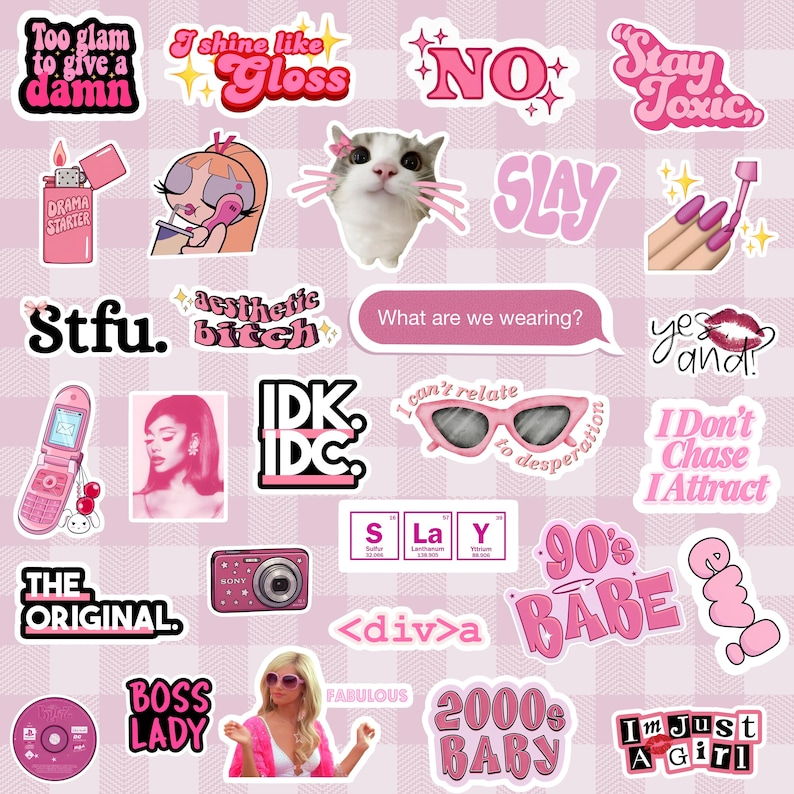 May include: A collection of pink and black stickers featuring various designs including a cat, a flip phone, sunglasses, a digital camera, a CD, and text phrases like Too glam to give a damn, Stay Toxic, Slay, What are we wearing, and 2000s baby.