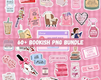 May include: A collection of assorted stickers featuring book-themed illustrations, including a door hanger, candles, knives, books, a library card, and text-based designs like "Daily Dose of Kindle" and "Book Spoiler Repellent" in pink tones.