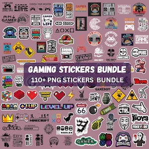 May include: A collection of over 110 PNG gaming stickers. The stickers feature various gaming-related graphics, including game controllers, quotes, and character designs. The stickers are in various colors, including black, white, red, and green.