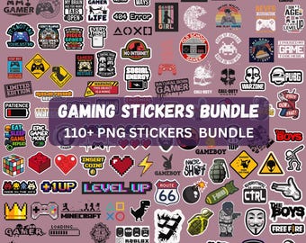 May include: A collection of over 110 PNG gaming stickers. The stickers feature various gaming-related graphics, including game controllers, quotes, and character designs. The stickers are in various colors, including black, white, red, and green.