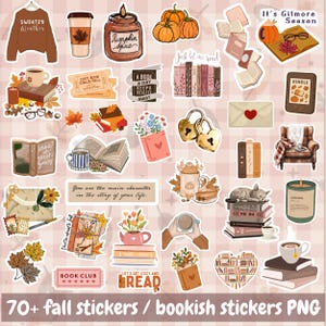 May include: A collection of fall-themed stickers featuring illustrations of books, pumpkins, coffee cups, candles, cozy sweaters, and autumn leaves. The stickers include text such as Sweater Weather, It's Gilmore Season, Book Club, and Let's Get Cozy and Read.