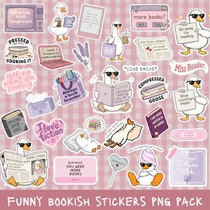 Puede incluir: Una colección de pegatinas troqueladas con gansos que llevan gafas de sol, libros, textos sobre lectura y objetos acogedores. Los diseños incluyen frases como 'Go away I'm reading', 'Compressed Goose', 'I love fiction' y 'Always a book hoarder'.