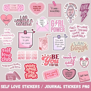 May include: A selection of pink and red self-love stickers with diverse designs and phrases. Features stickers with text such as "I am worthy," "Girl Power," and "Self Love Club." Ideal for journals and scrapbooking projects.