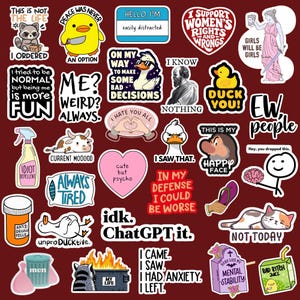 May include: A collection of colorful stickers with various humorous phrases and illustrations. Designs include a duck with sunglasses, a raccoon, a cow, and text like "I hate you all" and "I saw that."