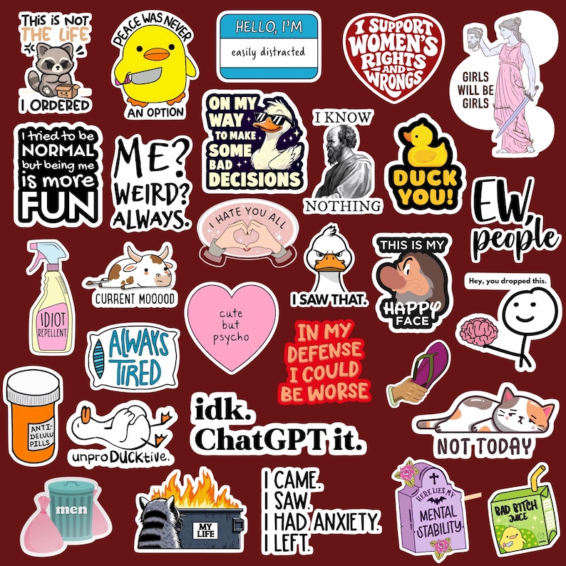 May include: A collection of colorful stickers with various humorous phrases and illustrations. Designs include a duck with sunglasses, a raccoon, a cow, and text like "I hate you all" and "I saw that."