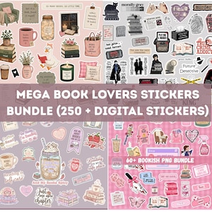 Puede incluir: Una colección de pegatinas digitales con ilustraciones temáticas de libros, incluyendo tazas de café, pilas de libros, ocas leyendo, velas y motivos de crímenes reales, con textos superpuestos como MEGA BOOK LOVERS STICKERS BUNDLE y 60+ BOOKISH PNG BUNDLE.