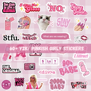 Paquete de pegatinas rosas estilo Y2K / Pegatinas digitales de estilo pop femenino, coquetas y rebeldes (más de 60 archivos PNG)