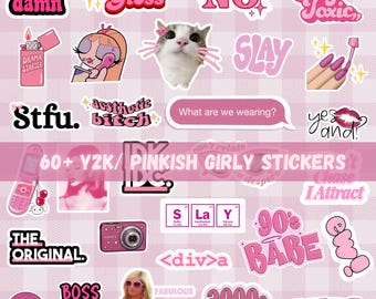 May include: A collection of over 60 pink and black stickers featuring Y2K-inspired graphics, including a cat, a flip phone, a digital camera, a CD, text phrases like "Too glam to give a damn," "Slay," "90s Babe," and "2000s Baby" on a light pink background.