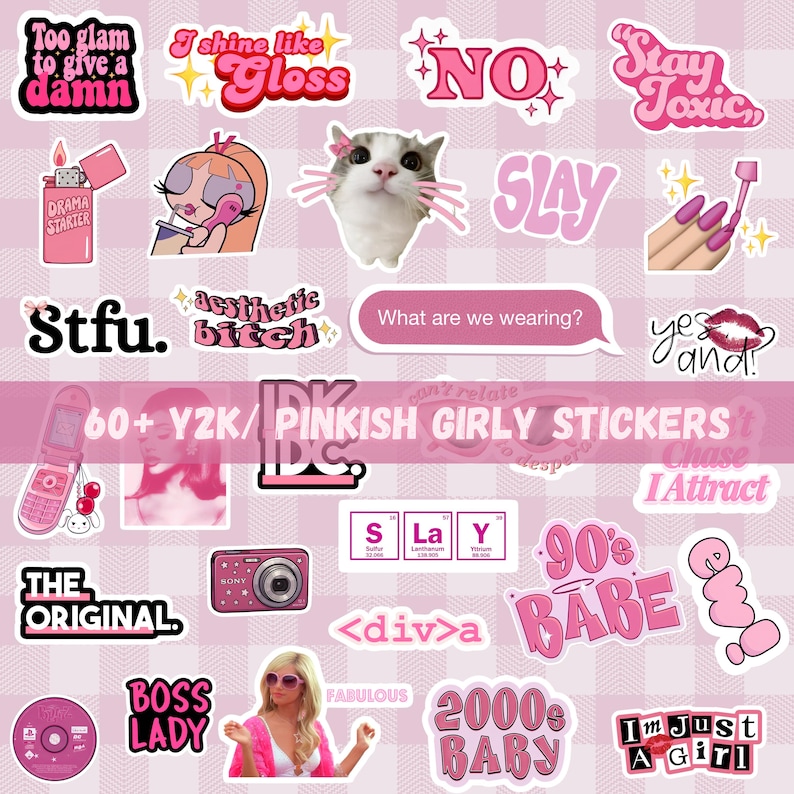 May include: A collection of over 60 pink and black stickers featuring Y2K-inspired graphics, including a cat, a flip phone, a digital camera, a CD, text phrases like "Too glam to give a damn," "Slay," "90s Babe," and "2000s Baby" on a light pink background.